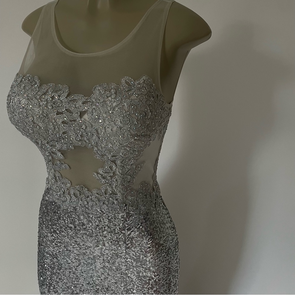 Elegant Silver Sequin Evening Gown - Picture 3 of 4